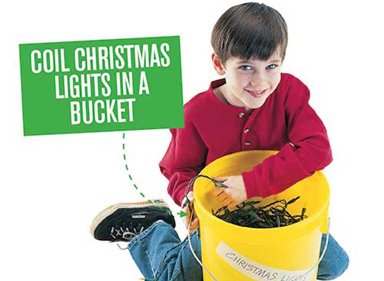2. Store Christmas lights in a bucket to prevent tangling 