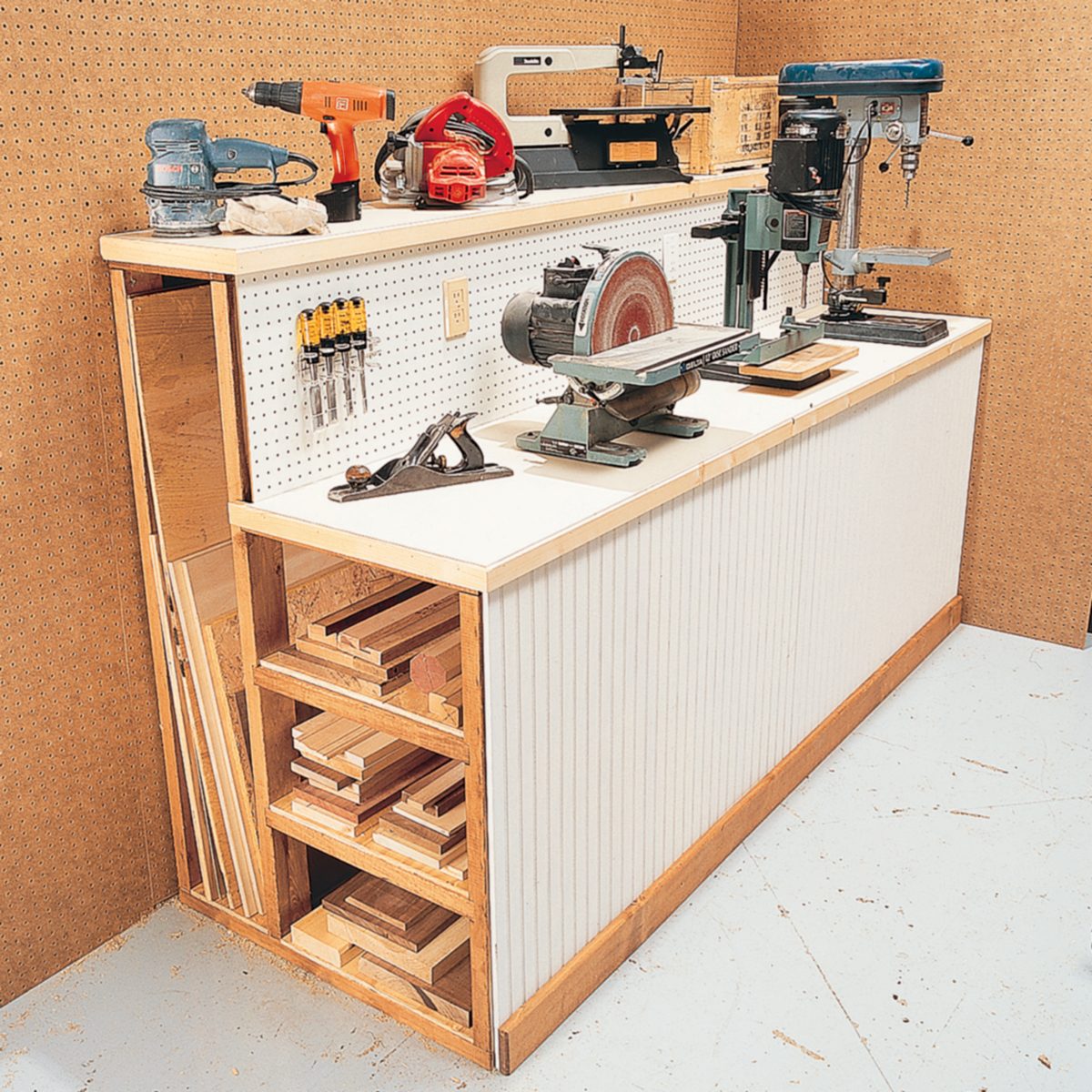 Workbench with built-in timber and power tool storage